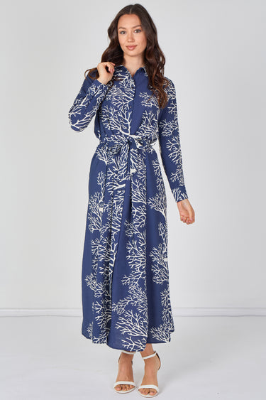 Love Sunshine Navy Coral Print Belted Maxi Shirt Dress Brunch Dress Casual Dress Dress with Pockets Dresses Everyday Dress Garden Party Dress Holiday Dress Long Sleeve Dress LS-2430LL Plain Dress Wedding Guest Dress