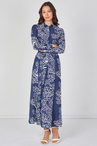 Navy Coral Print Belted Maxi Shirt Dress