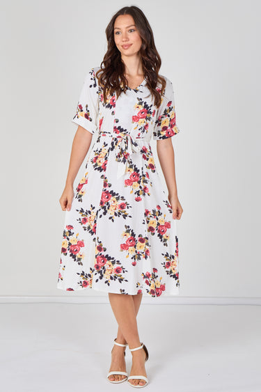White Floral Print Short Sleeve Midi Dress