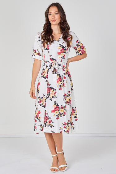 White Floral Print Short Sleeve Midi Dress