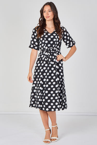 Black Polka Dot Short Sleeve Midi Dress