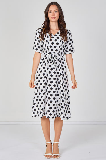 White Polka Dot Short Sleeve Midi Dress