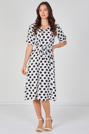 White Polka Dot Short Sleeve Midi Dress