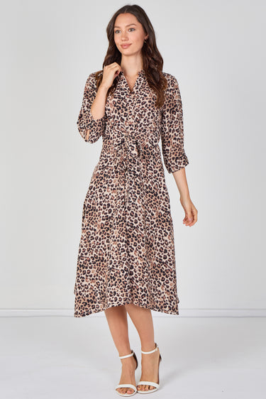 Beige Leopard Print Quarter Sleeve Tie Waist Midi Dress