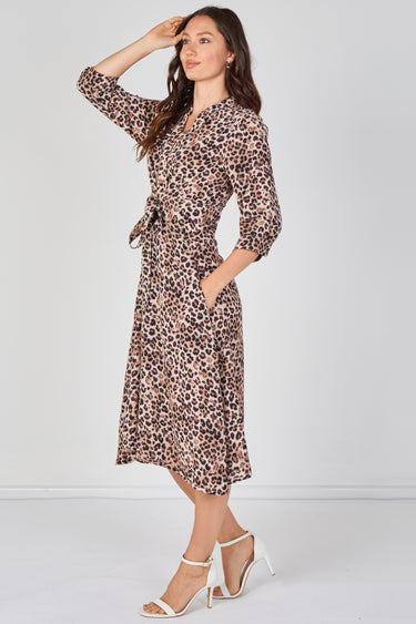 Beige Leopard Print Quarter Sleeve Tie Waist Midi Dress