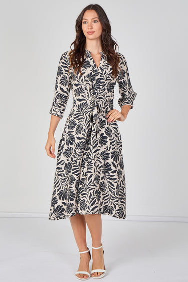 Black Tropical Print Quarter Sleeve Tie Waist Midi Dress