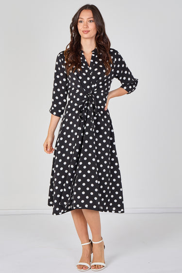 Black Polka Dot Quarter Sleeve Tie Waist Midi Dress