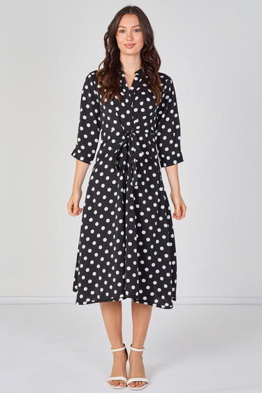 Black Polka Dot Quarter Sleeve Tie Waist Midi Dress