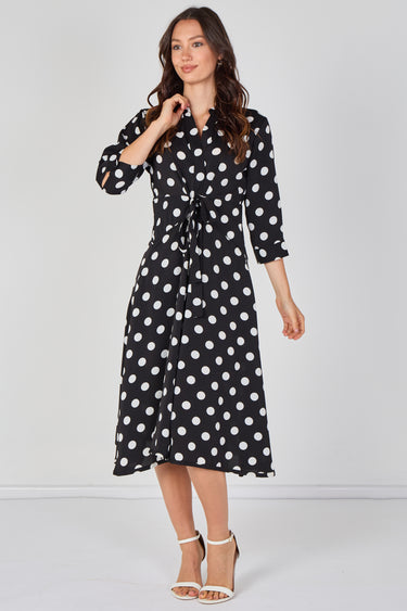 Black Large Polka Dot Quarter Sleeve Tie Waist Midi Dress