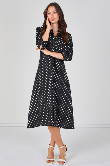 Black Mini Polka Dot Quarter Sleeve Tie Waist Midi Dress