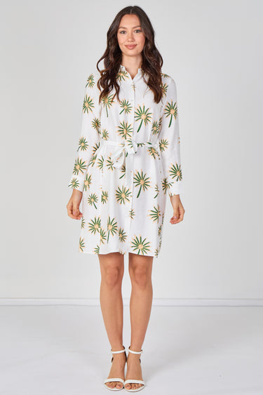 White Floral Print Long Sleeve Mini Shirt Dress