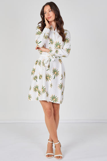 White Floral Print Long Sleeve Mini Shirt Dress