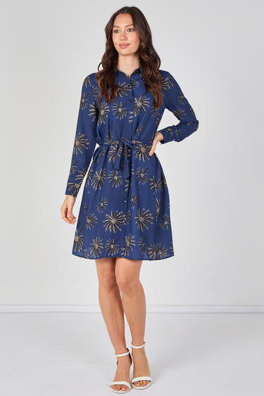 Navy Floral Print Long Sleeve Mini Shirt Dress