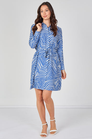 Blue Geometric Print Long Sleeve Mini Shirt Dress