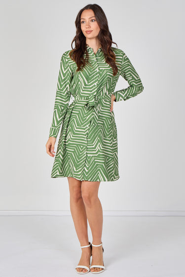 Green Geometric Print Long Sleeve Mini Shirt Dress