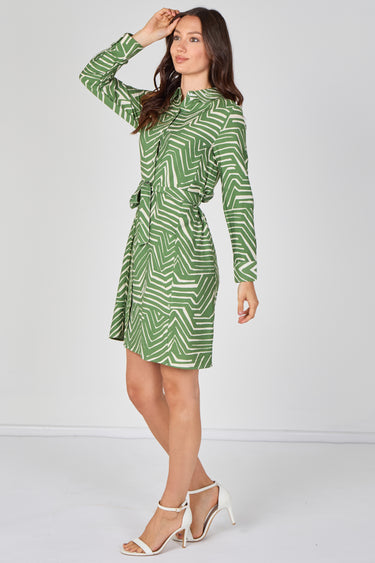 Green Geometric Print Long Sleeve Mini Shirt Dress