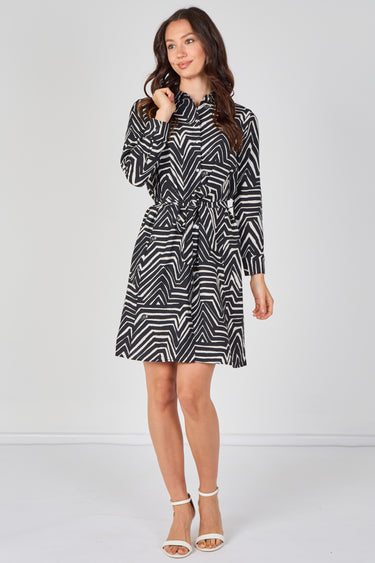 Black Geometric Print Long Sleeve Mini Shirt Dress