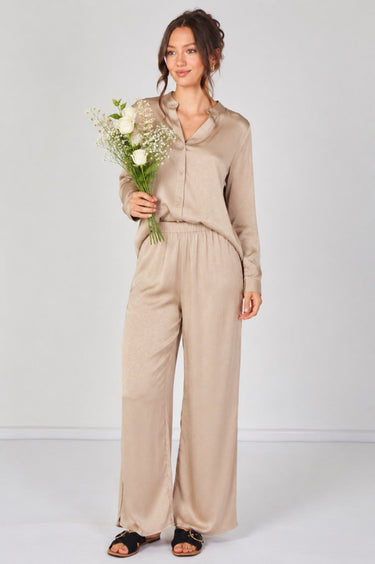 Beige Satin Shirt & Straight Leg Trousers Co-Ord Set
