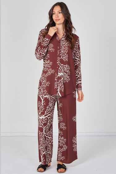 Rust Coral Print Shirt and Trouser Co-Ord Set