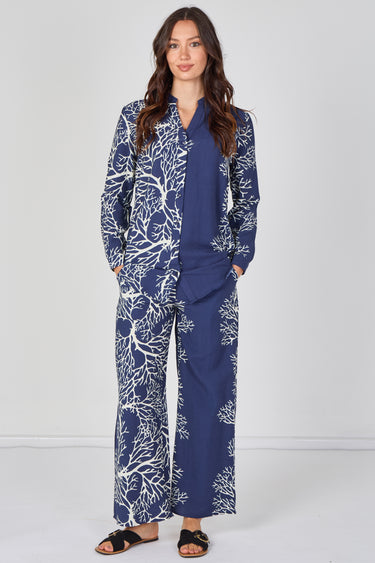 Navy Coral Print Shirt and Trouser Co-Ord Set