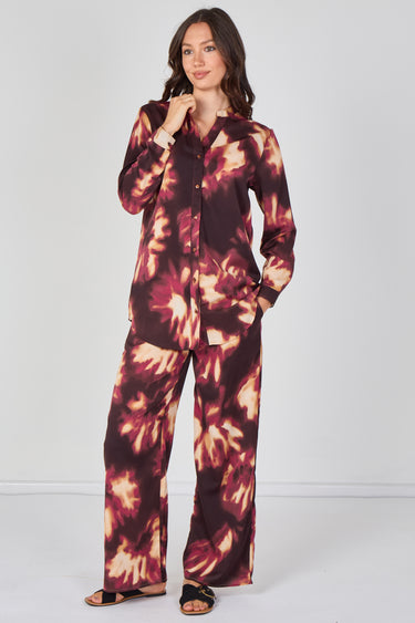 Burgundy Abstract Print Shirt and Trouser Co-Ord Set