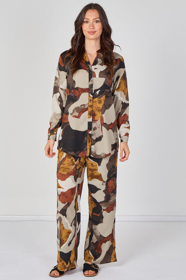 Taupe Abstract Print Shirt and Trouser Co-Ord Set