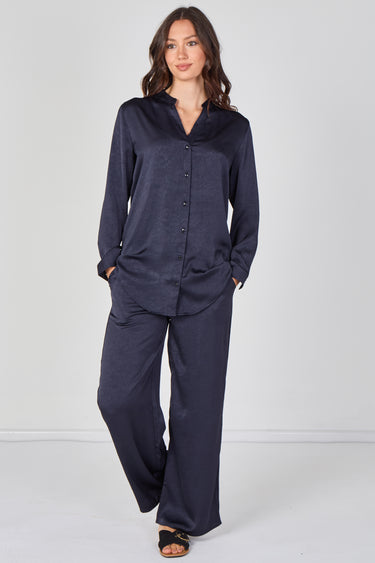 Navy Satin Shirt & Straight Leg Trousers Co-Ord Set