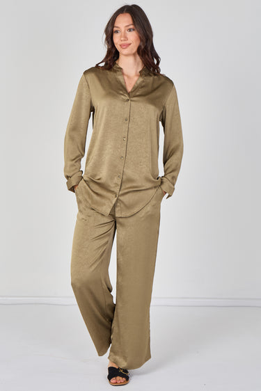 Olive Satin Shirt & Straight Leg Trousers Co-Ord Set