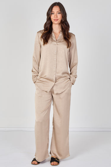Beige Satin Shirt & Straight Leg Trousers Co-Ord Set
