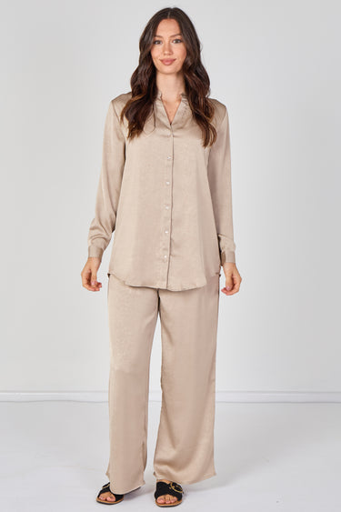 Beige Satin Shirt & Straight Leg Trousers Co-Ord Set