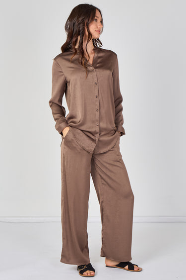 Mocha Satin Shirt & Straight Leg Trousers Co-Ord Set