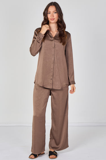 Mocha Satin Shirt & Straight Leg Trousers Co-Ord Set