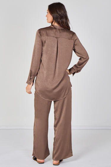 Mocha Satin Shirt & Straight Leg Trousers Co-Ord Set