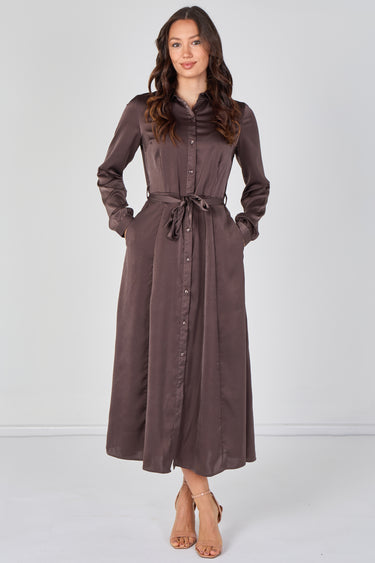 Love Sunshine Mocha Brown Velvety Satin Belted Maxi Shirt Dress Brunch Dress Casual Dress DB Dress with Pockets Dresses Everyday Dress Garden Party Dress Holiday Dress Long Sleeve Dress LS-2443L Plain Dress Wedding Guest Dress