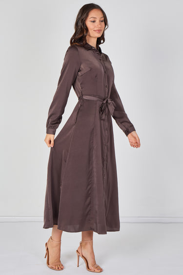 Love Sunshine Mocha Brown Velvety Satin Belted Maxi Shirt Dress Brunch Dress Casual Dress DB Dress with Pockets Dresses Everyday Dress Garden Party Dress Holiday Dress Long Sleeve Dress LS-2443L Plain Dress Wedding Guest Dress
