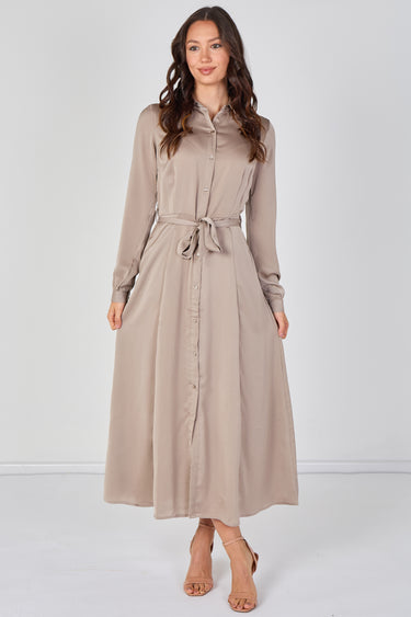 Biege Velvety Satin Maxi Shirt Dress