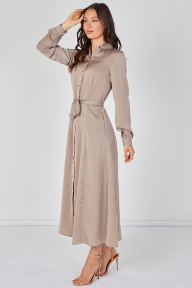 Biege Velvety Satin Maxi Shirt Dress