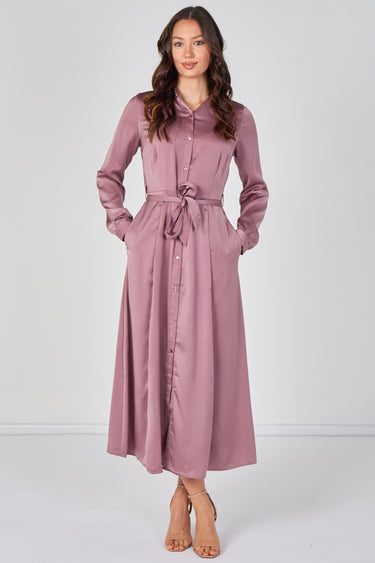 Love Sunshine Dusty Rose Velvety Satin Belted Maxi Shirt Dress Brunch Dress Casual Dress DB Dress with Pockets Dresses Everyday Dress Garden Party Dress Holiday Dress Long Sleeve Dress LS-2443L Plain Dress Wedding Guest Dress