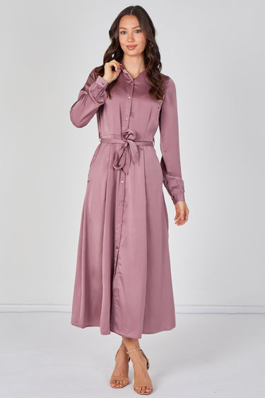 Love Sunshine Dusty Rose Velvety Satin Belted Maxi Shirt Dress Brunch Dress Casual Dress DB Dress with Pockets Dresses Everyday Dress Garden Party Dress Holiday Dress Long Sleeve Dress LS-2443L Plain Dress Wedding Guest Dress