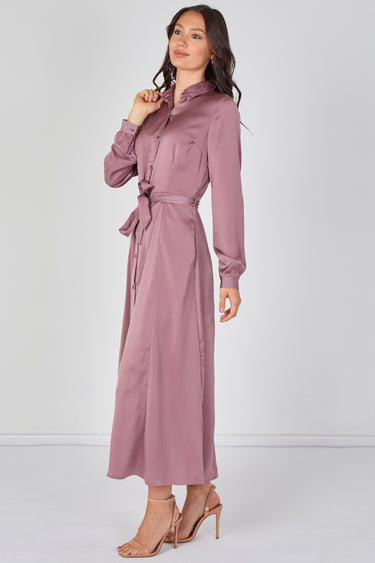 Love Sunshine Dusty Rose Velvety Satin Belted Maxi Shirt Dress Brunch Dress Casual Dress DB Dress with Pockets Dresses Everyday Dress Garden Party Dress Holiday Dress Long Sleeve Dress LS-2443L Plain Dress Wedding Guest Dress