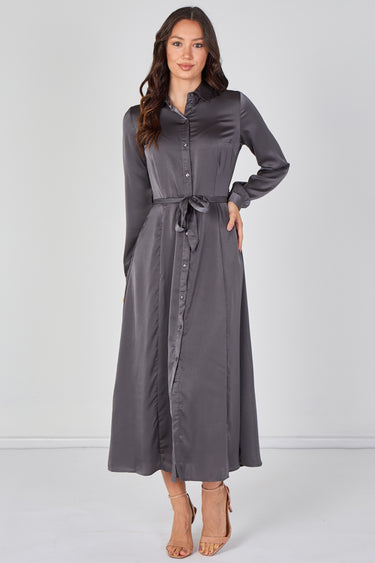 Love Sunshine Slate Grey Velvety Satin Belted Maxi Shirt Dress Brunch Dress Casual Dress DB Dress with Pockets Dresses Everyday Dress Garden Party Dress Holiday Dress Long Sleeve Dress LS-2443L Plain Dress Wedding Guest Dress