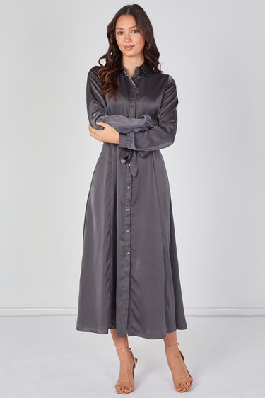 Love Sunshine Slate Grey Velvety Satin Belted Maxi Shirt Dress Brunch Dress Casual Dress DB Dress with Pockets Dresses Everyday Dress Garden Party Dress Holiday Dress Long Sleeve Dress LS-2443L Plain Dress Wedding Guest Dress