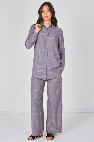 Love Sunshine Grey Geometric Print Shirt andTrouser Co-Ord Set Co ord sets LS-5002 LS-9057