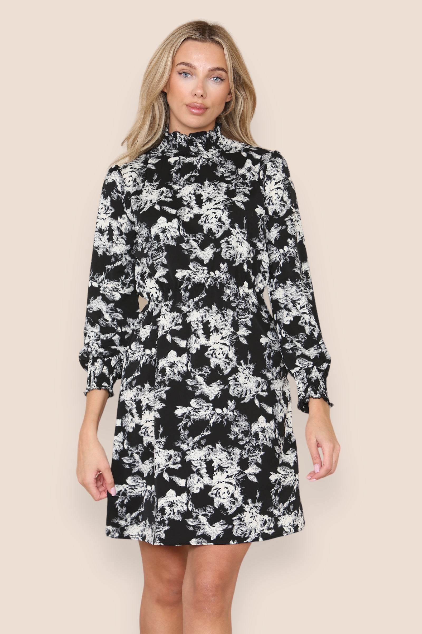 Love Sunshine Mono Floral Print Shirred Waist High Neck Shift Mini Dress Brunch Dress Casual Dress Everyday Dress Garden Party Dress Long Sleeve Dress LS-9143L Wedding Guest Dress Workwear Dress