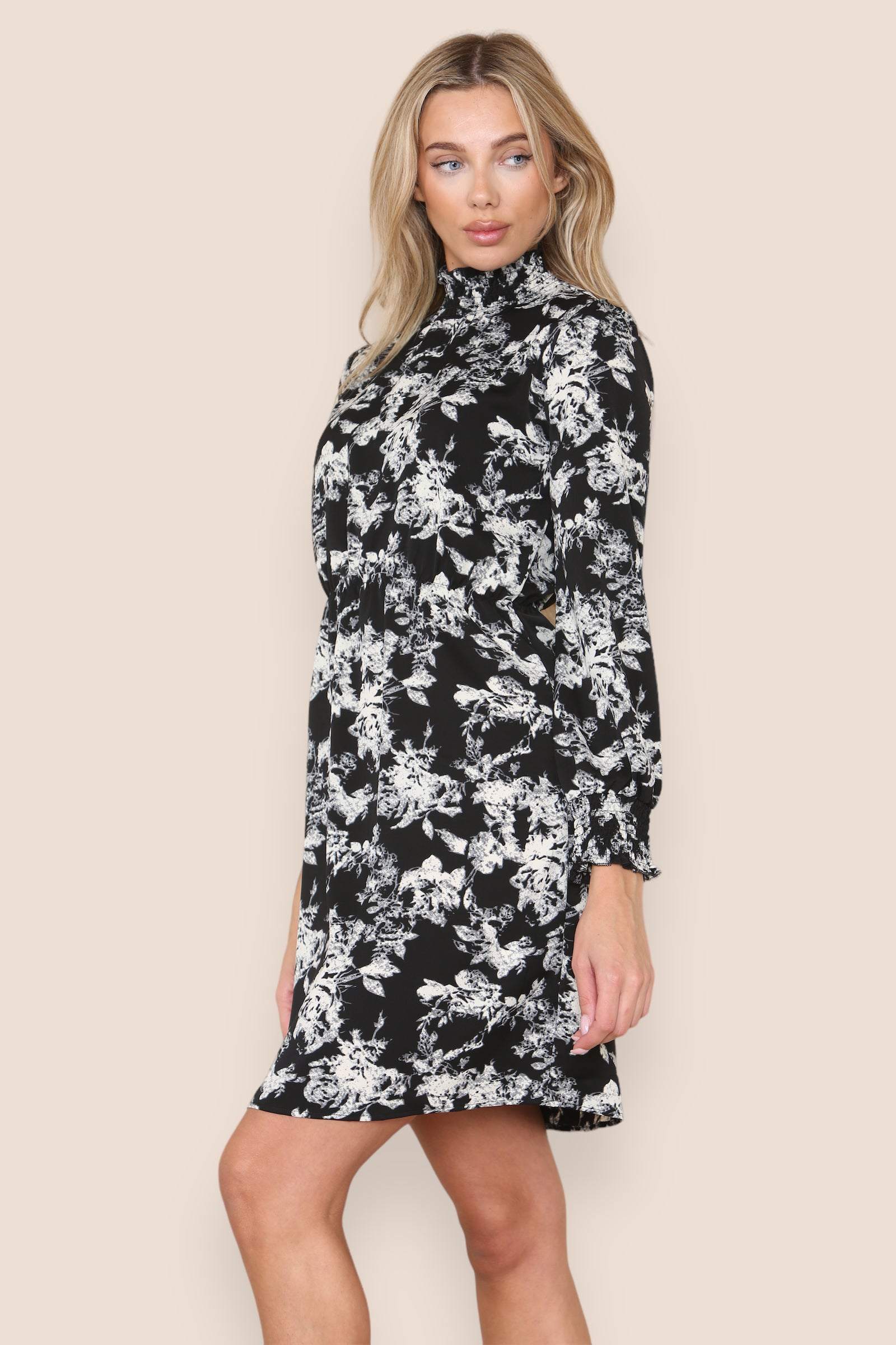 Love Sunshine Mono Floral Print Shirred Waist High Neck Shift Mini Dress Brunch Dress Casual Dress Everyday Dress Garden Party Dress Long Sleeve Dress LS-9143L Wedding Guest Dress Workwear Dress