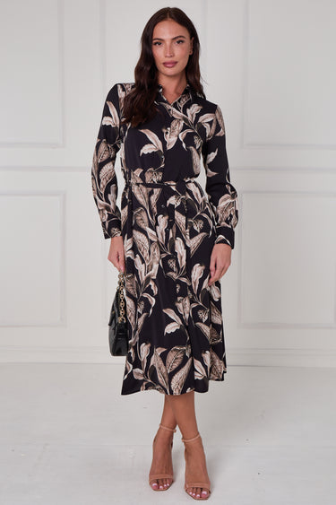 Black Botanical Print Midi Shirt Dress