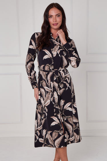 Black Botanical Print Midi Shirt Dress