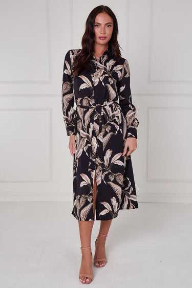 Black Botanical Print Midi Shirt Dress