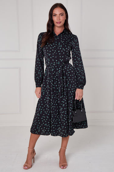 Black Teal Abstract Petal Print Midi Shirt Dress