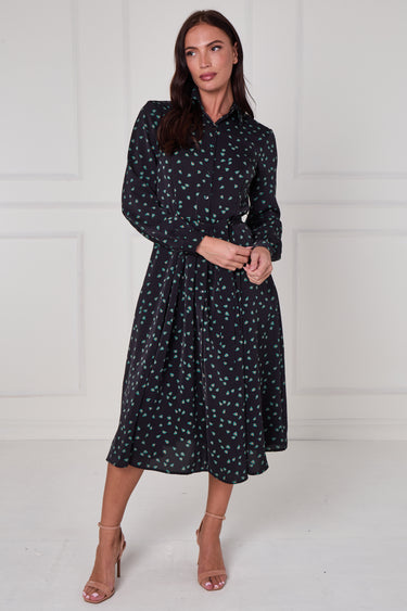 Black Teal Abstract Petal Print Midi Shirt Dress